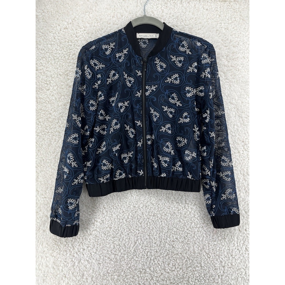 Abercrombie & Fitch Womens Crop Varsity Jacket Size XS‎ Blue Sheer Embroidered